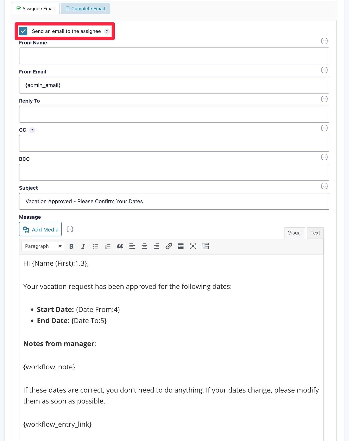 Configure user edit email