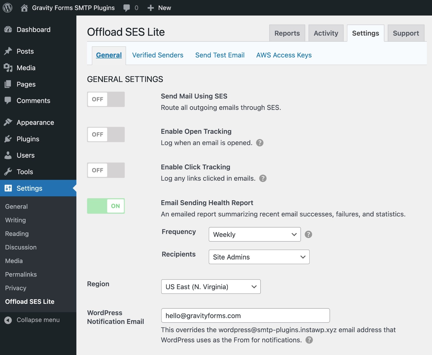 WP Offload SES settings