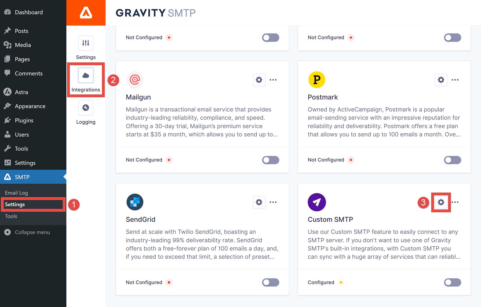 Gravity STMP Integrations Screen