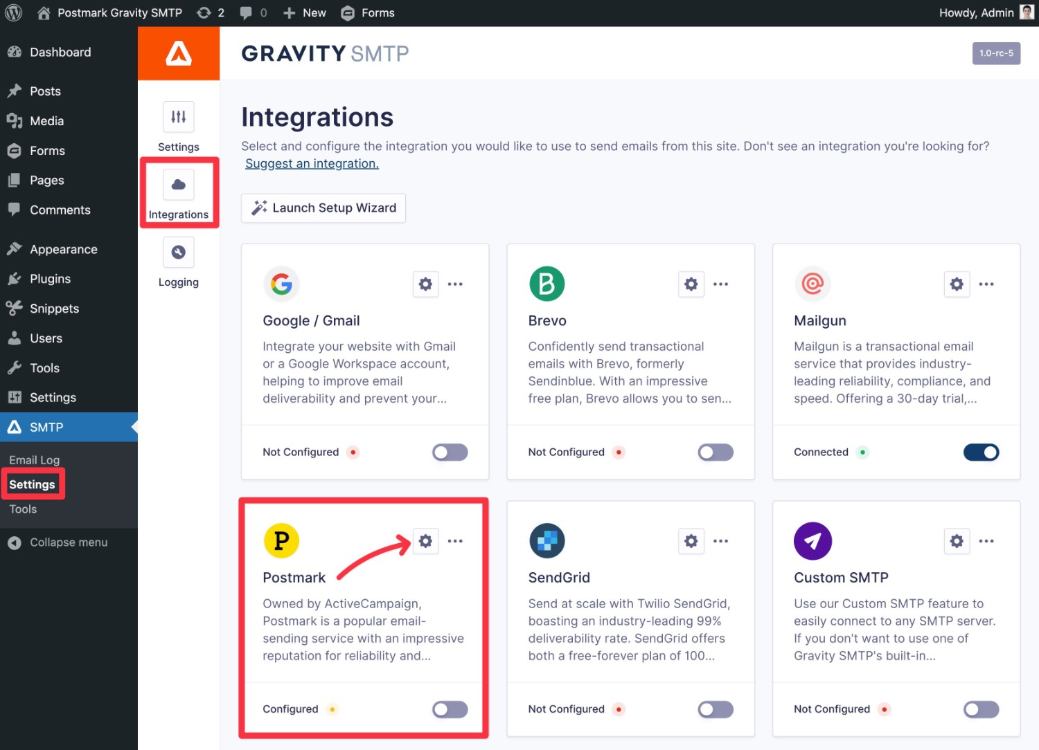 Open Gravity SMTP settings for Postmark