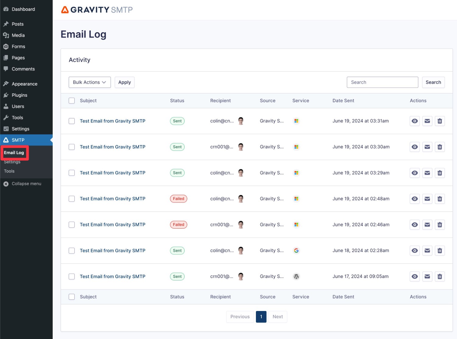 Gravity SMTP email logging