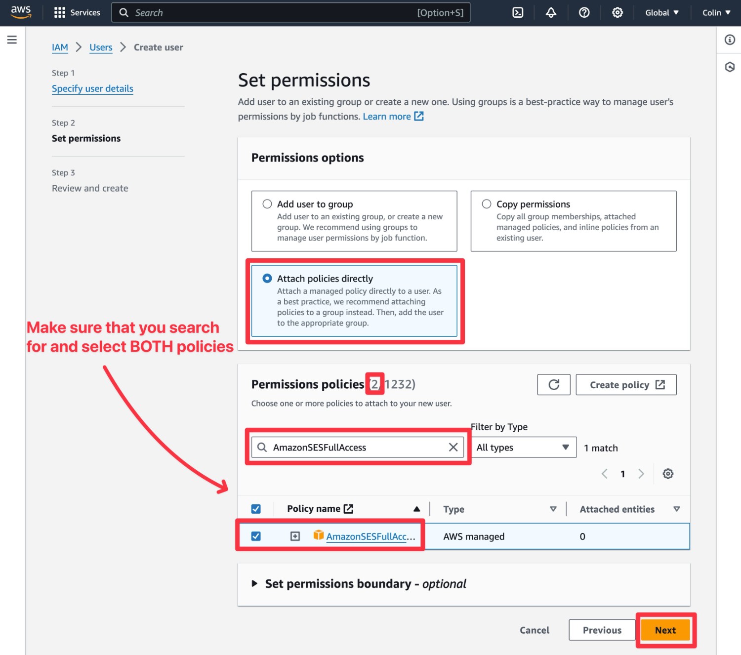 Add policies to IAM user